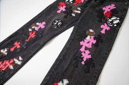 Chrome Hearts マルチクロスパッチ デニムジーンズ - グレー ゴシック ストリートパンツ 1111