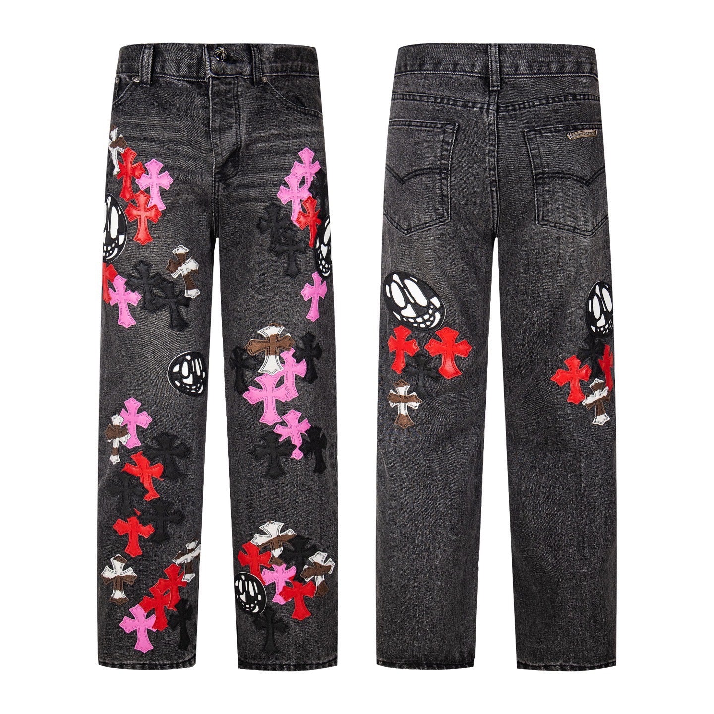 Chrome Hearts マルチクロスパッチ デニムジーンズ - グレー ゴシック ストリートパンツ 1111
