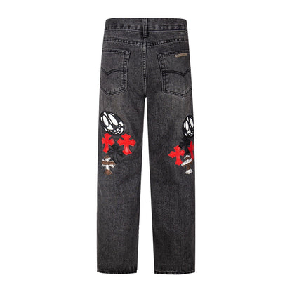 Chrome Hearts マルチクロスパッチ デニムジーンズ - グレー ゴシック ストリートパンツ 1111