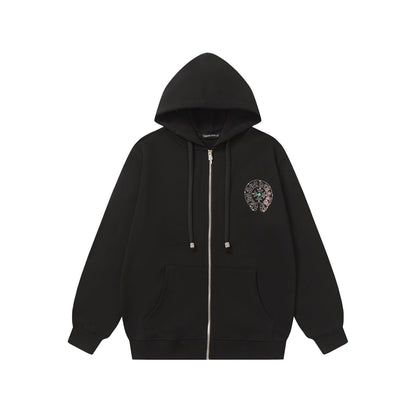 Chrome Hearts カラフルラインストーンパーカー - ブラック ゴシック ストリート スウェットシャツ 2608