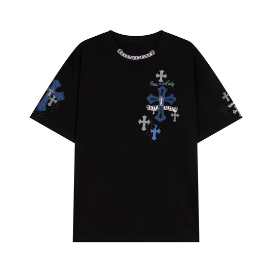 Chrome Hearts クロス メタル デニム スプライス ショートスリーブ Tシャツ TB14