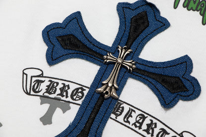Chrome Hearts クロス メタル デニム スプライス ショートスリーブ Tシャツ TB14