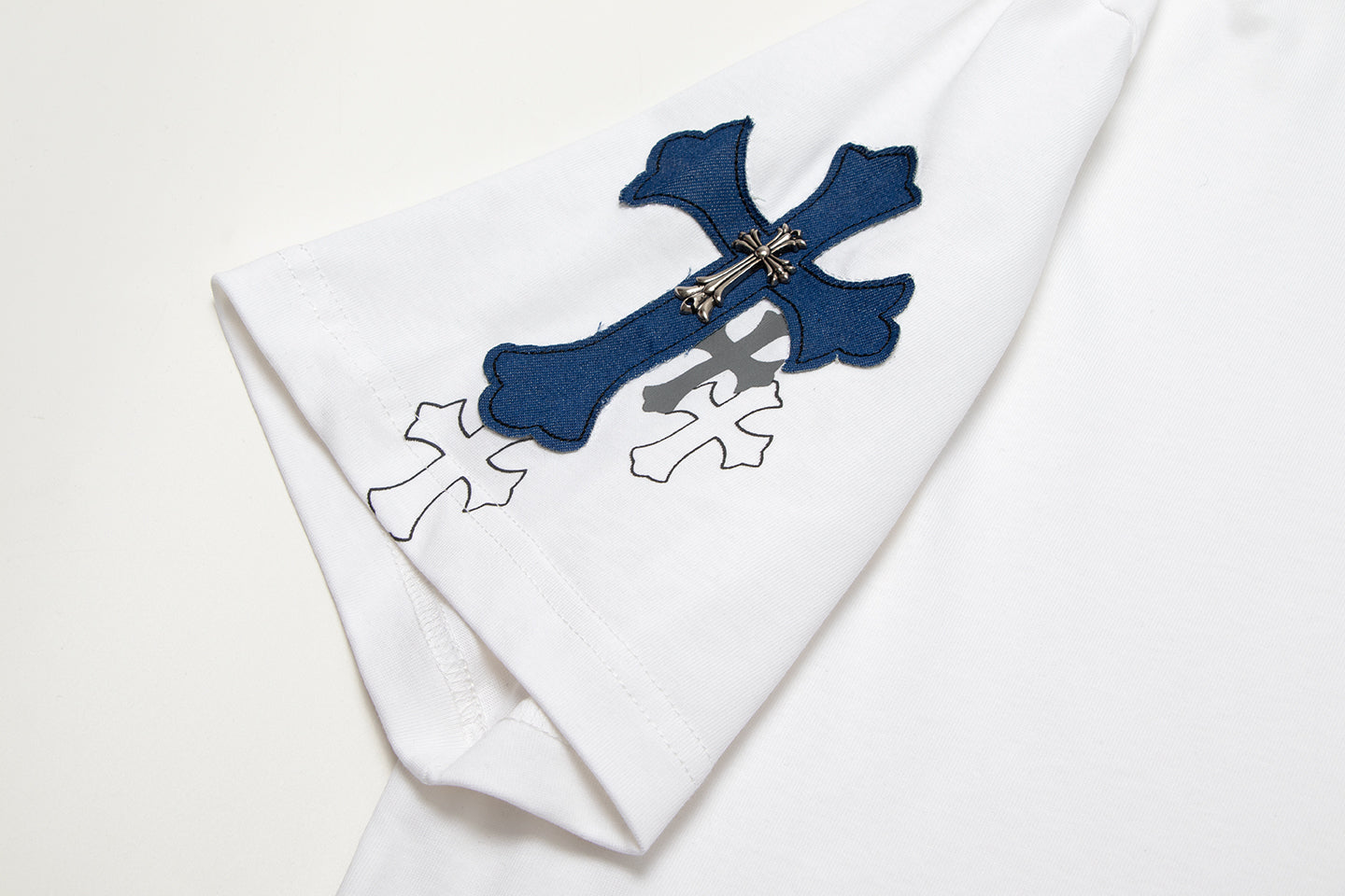 Chrome Hearts クロス メタル デニム スプライス ショートスリーブ Tシャツ TB14